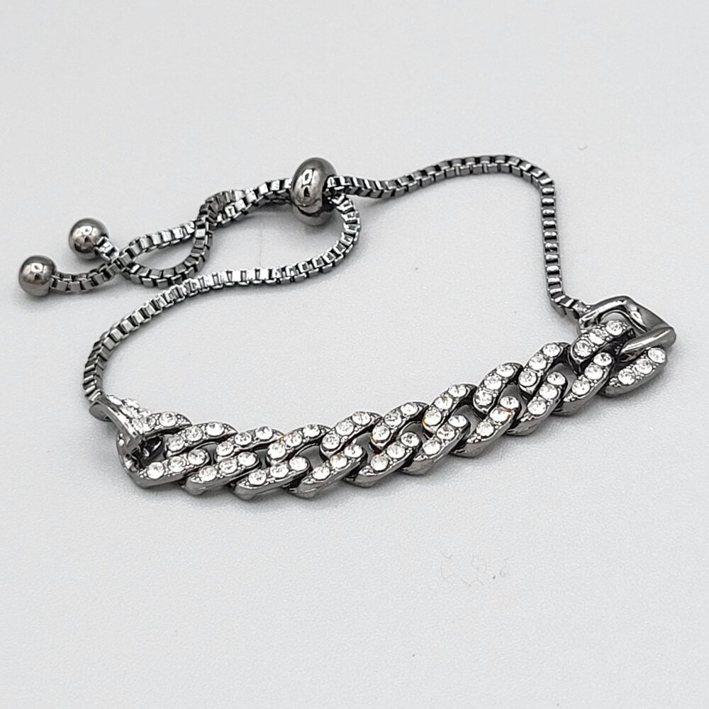 Rhinestone Silver Tone Adjustable Chain Bracelet With Sliding Closure